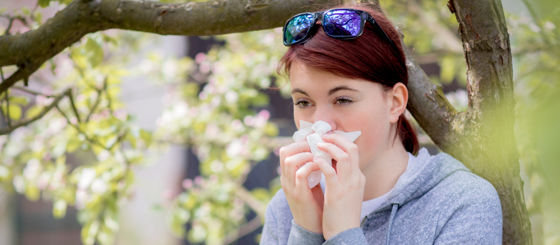 Woman sneezing into tissue during allergy season which falls. Seasonal allergies occur during a time when trees, flowers, and grass start to pollinate releasing the airborne allergen, pollen.