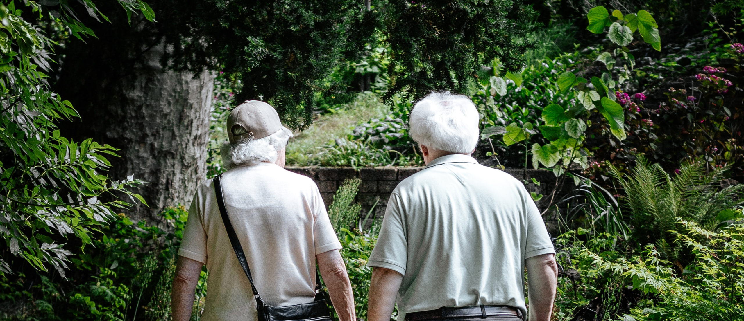 An elderly couple takes a walk